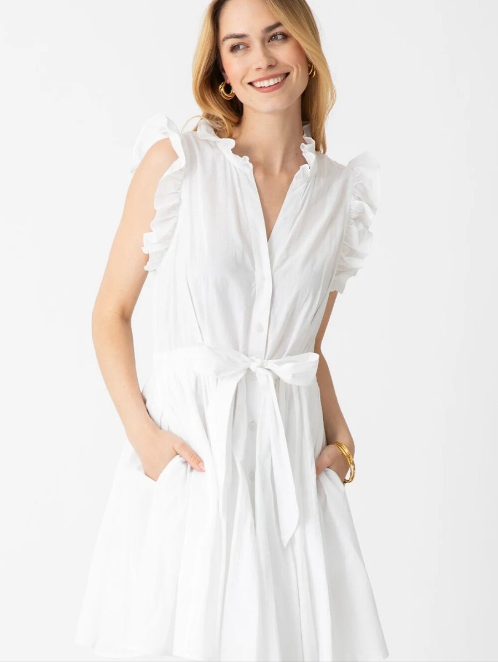 NWOT Mahi Gold White Cotton Ruffle Tie-Waist Dress - Hailey Dress Size Small